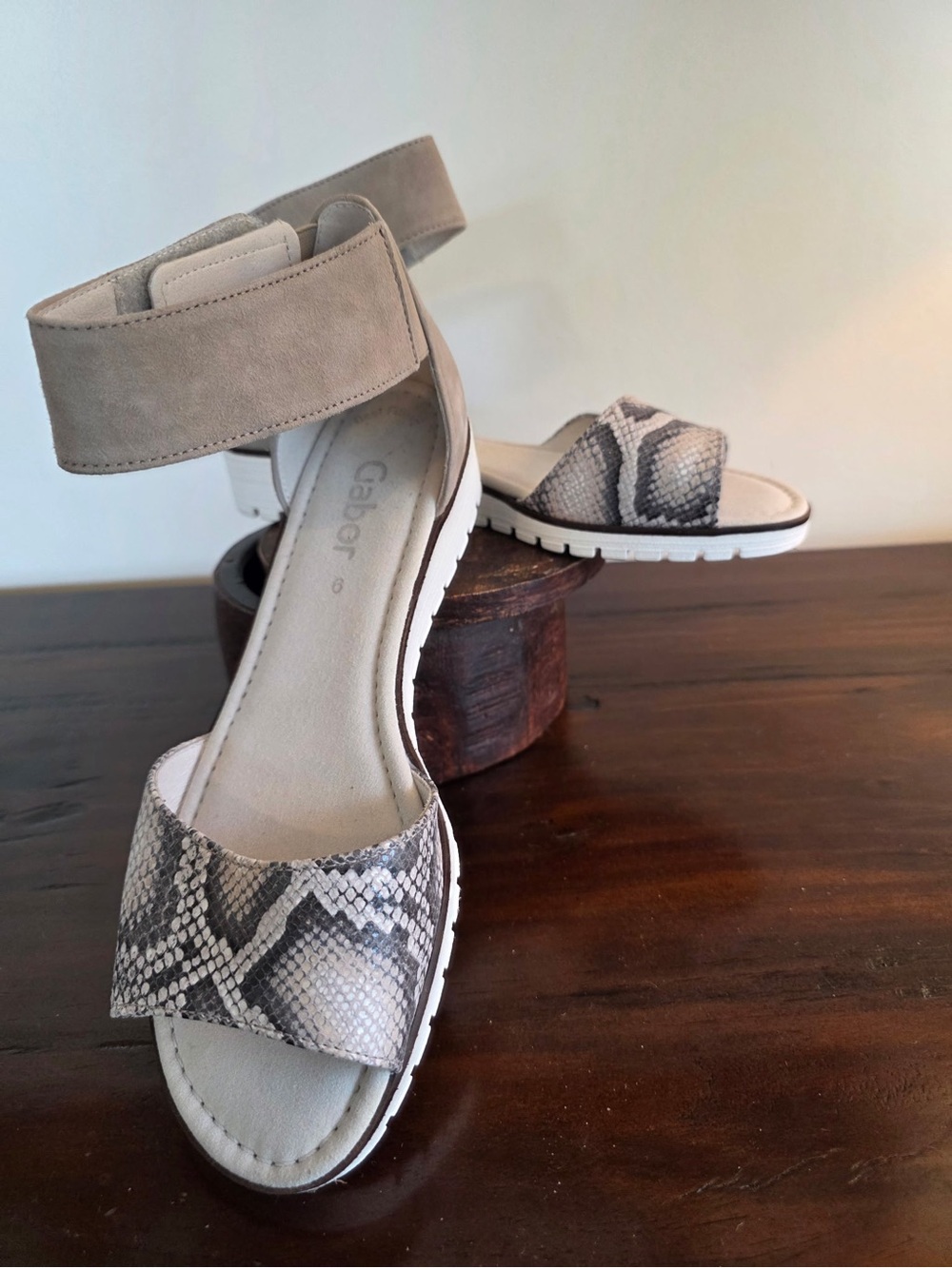 Gabor Snake-Print and Taupe Ankle Strap Sandals